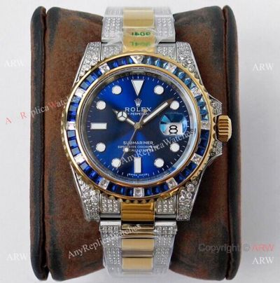 (ROF) AAA Replica Rolex Submariner Custom Luxury Watch Two Tone Royal blue Dial with Diamonds